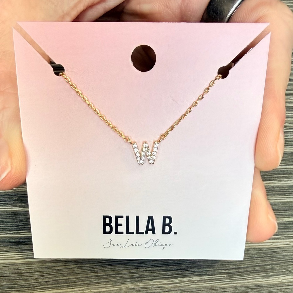 Rhinestone Gold Initial Charm Necklace "W"